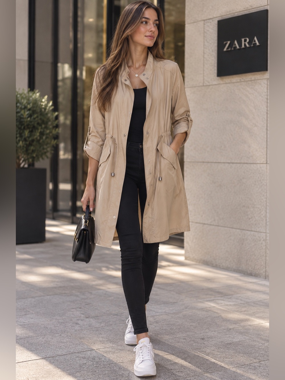 ZARA Basic Beige Lightweight Rain Trench Coat Utility Parka XS